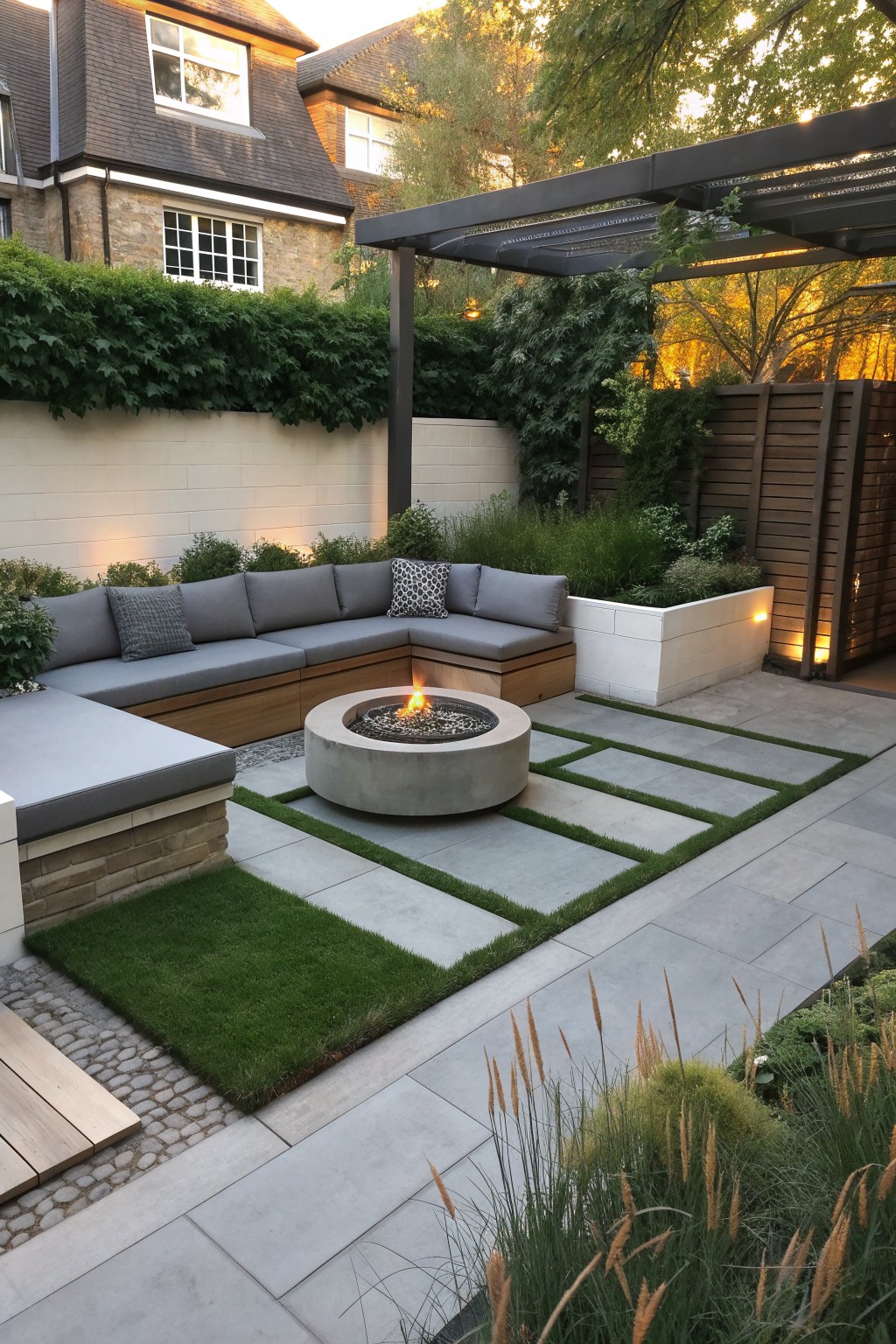 Modern outdoor patio with a low-profile gray L-shaped sectional surrounding a round concrete fire pit on a paved surface with a dark pergola above.