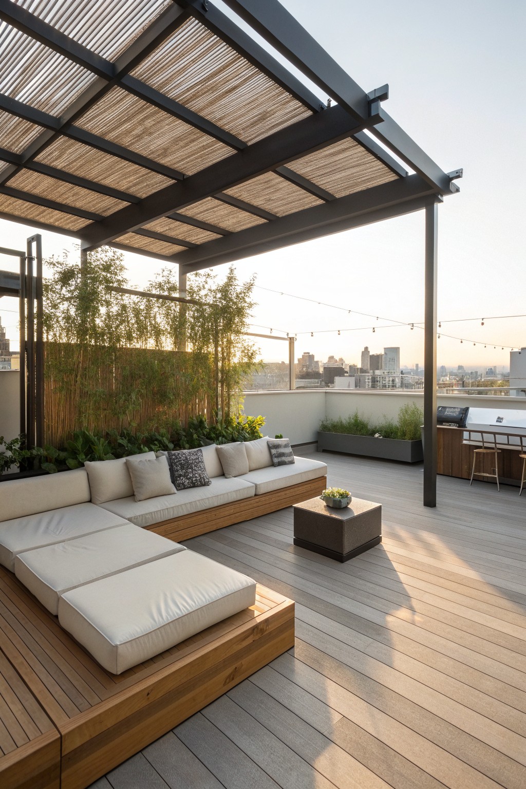 Rooftop terrace with low-profile modular seating on wooden platforms under a slatted pergola, city skyline in the background.