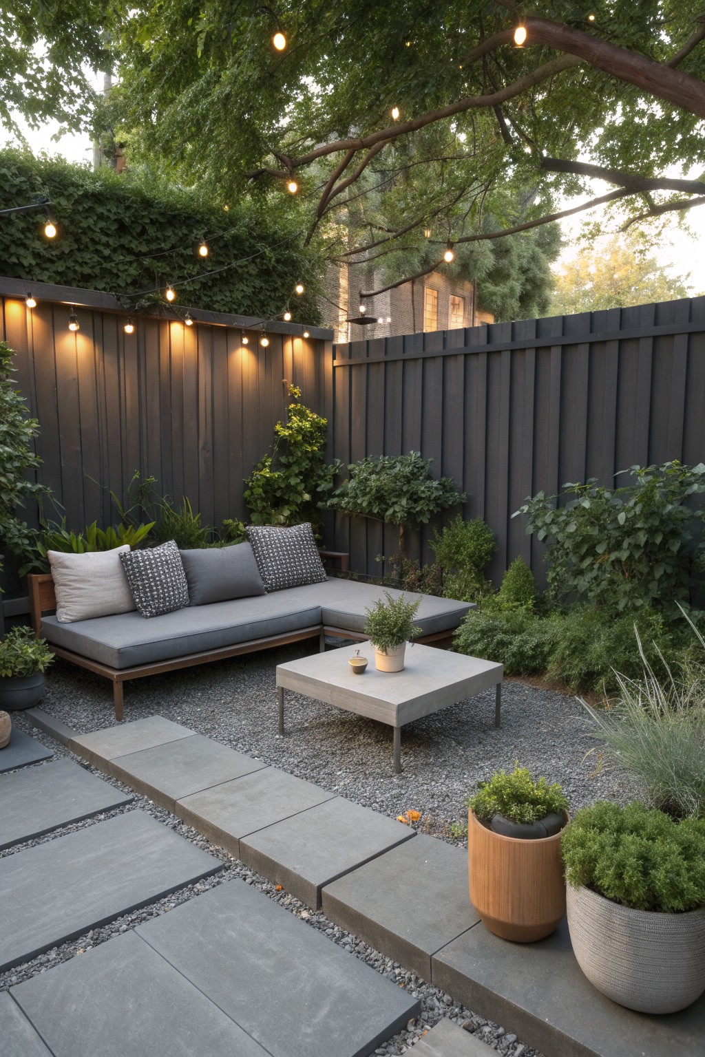 An outdoor patio with a low gray sectional sofa, concrete coffee table, gravel ground cover, stone pavers, string lights, and potted plants along a dark fence.