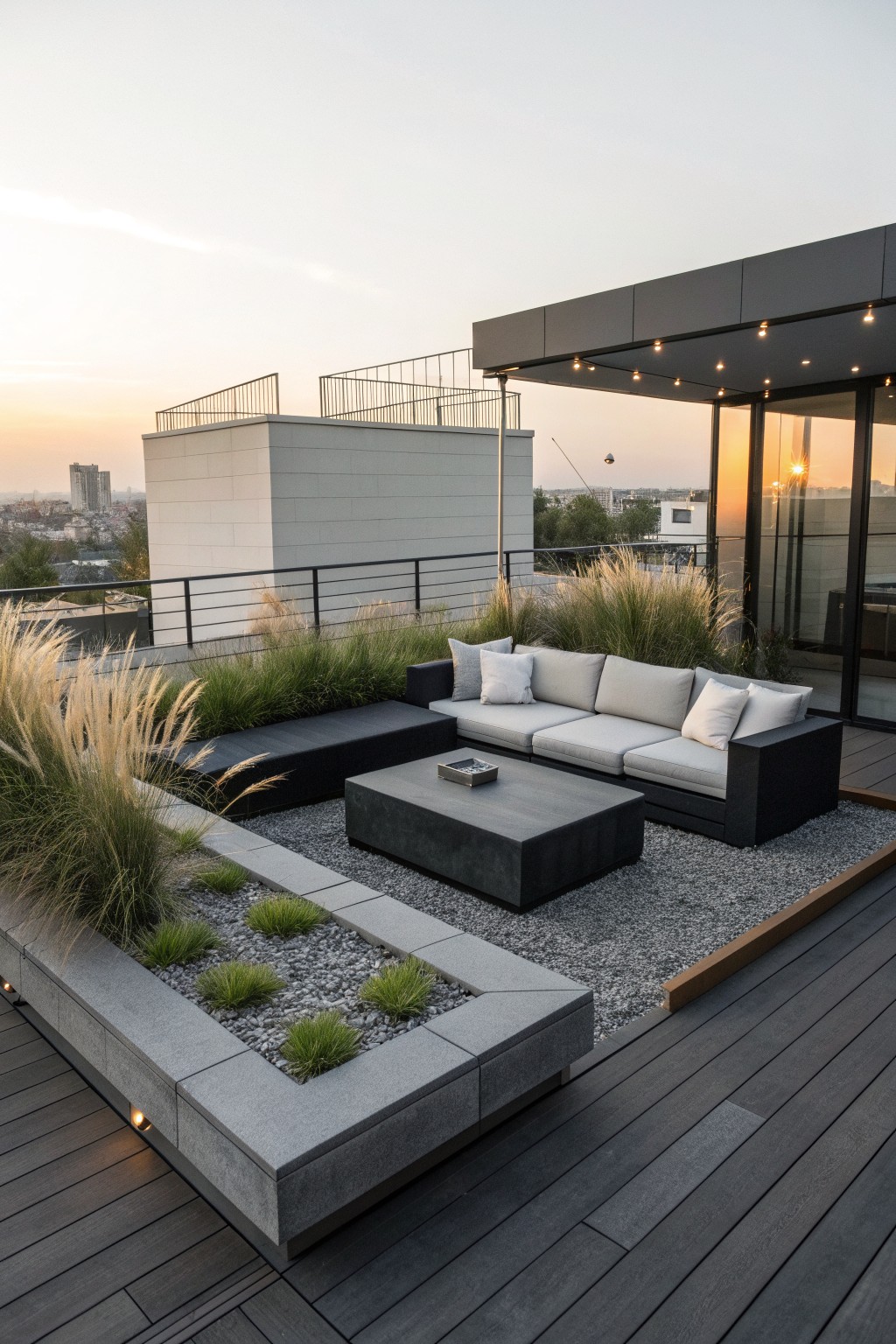 A rooftop terrace features low-profile dark-framed outdoor sofas with light cushions arranged around a square coffee table on gravel, bordered by wooden decking and tall ornamental grasses.