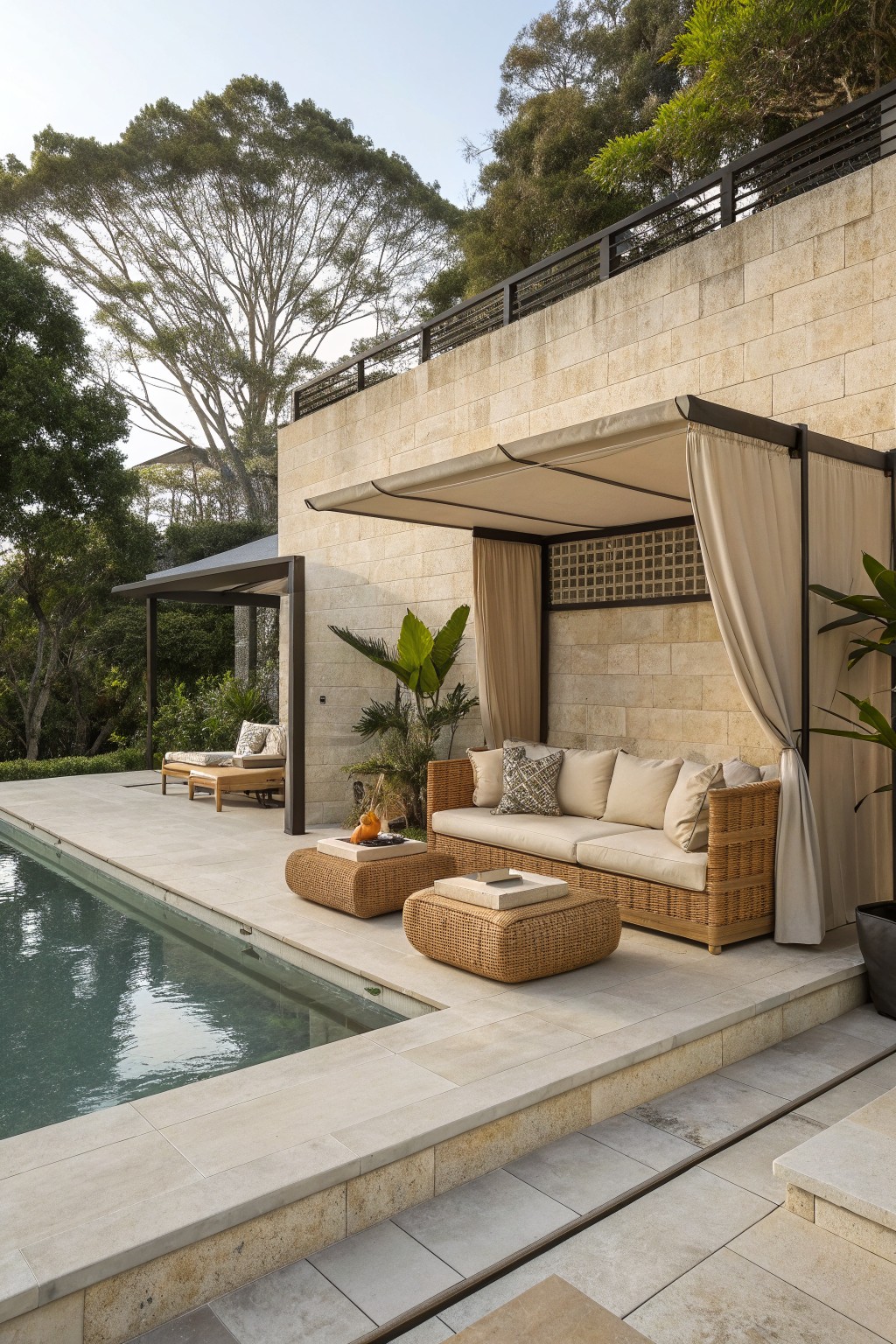 Outdoor lounge area with a low wicker sofa, two ottomans, and a beige fabric canopy beside a swimming pool next to a stone wall.