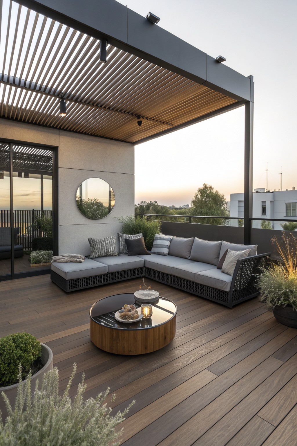 Modern rooftop terrace with gray sectional sofa, round coffee table, and slatted pergola at sunset.