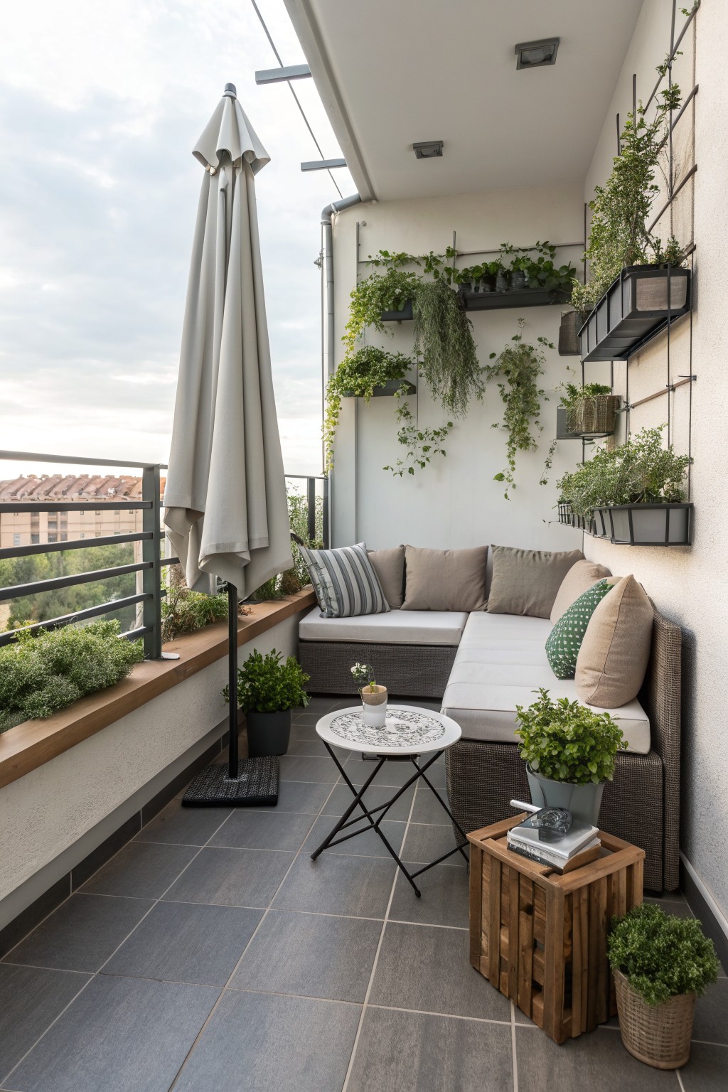 A compact balcony with gray tile flooring shows an L-shaped low-profile sectional sofa with light cushions, a closed patio umbrella, a small round table, and wall-mounted planters filled with greenery.