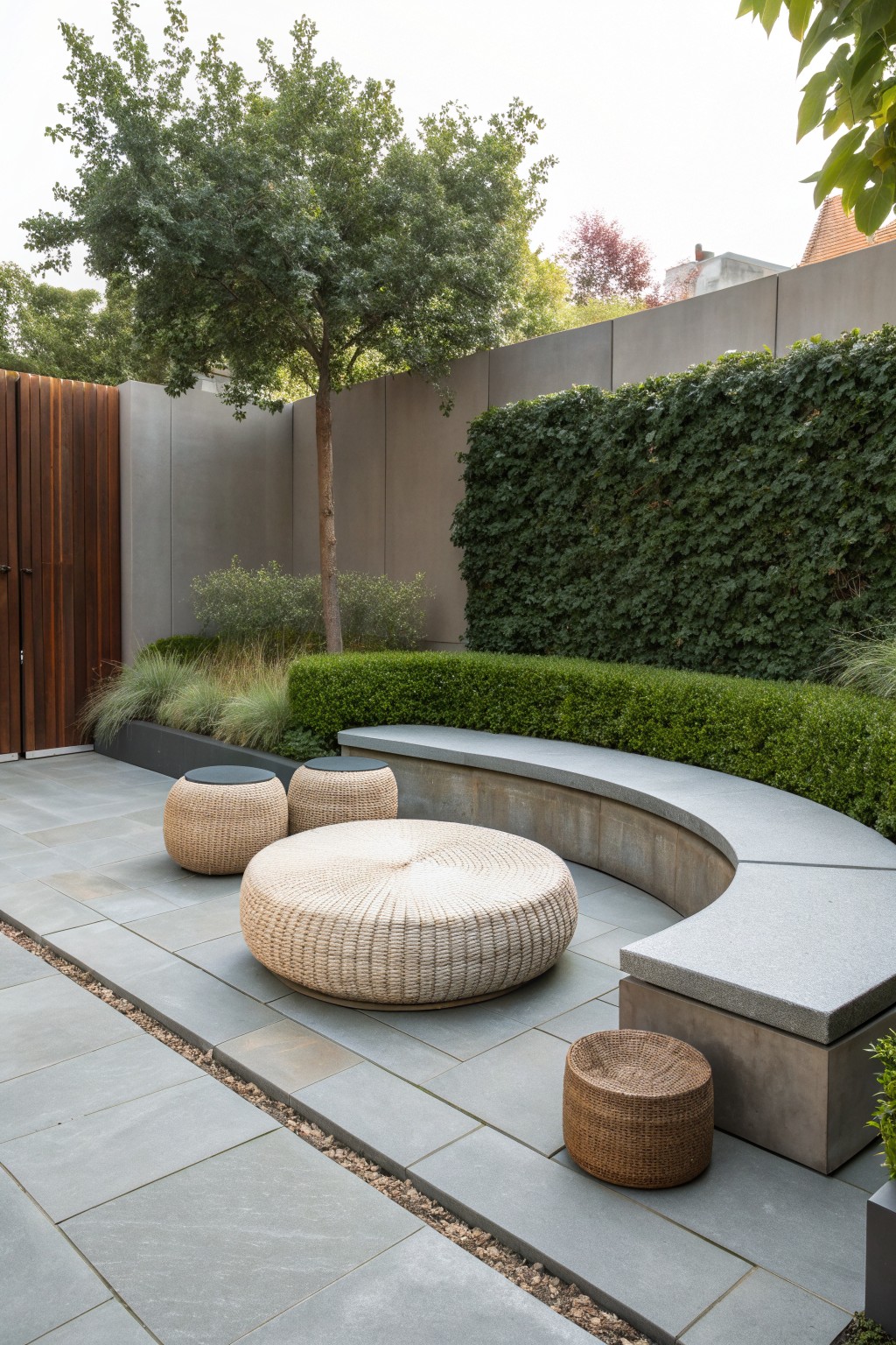 A paved outdoor patio features a curved concrete bench, several round woven low-profile ottomans, and a mix of green shrubs and trees against a gray wall.