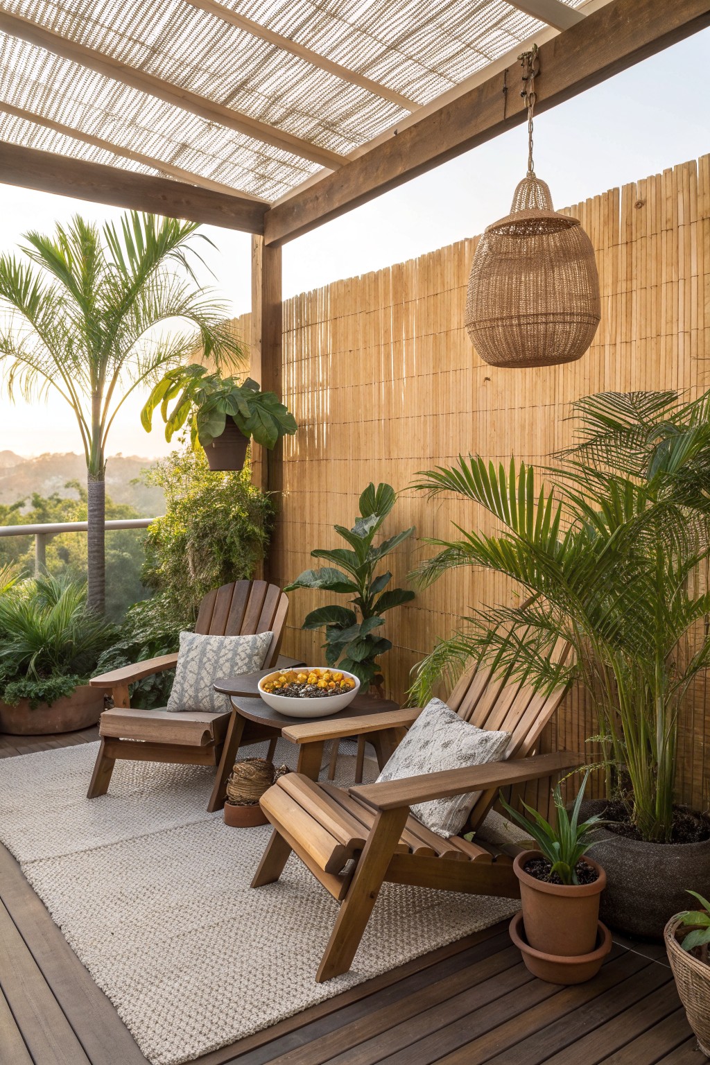 Wooden deck with two Adirondack chairs on a rug, potted plants, and a tall bamboo privacy fence under a pergola.