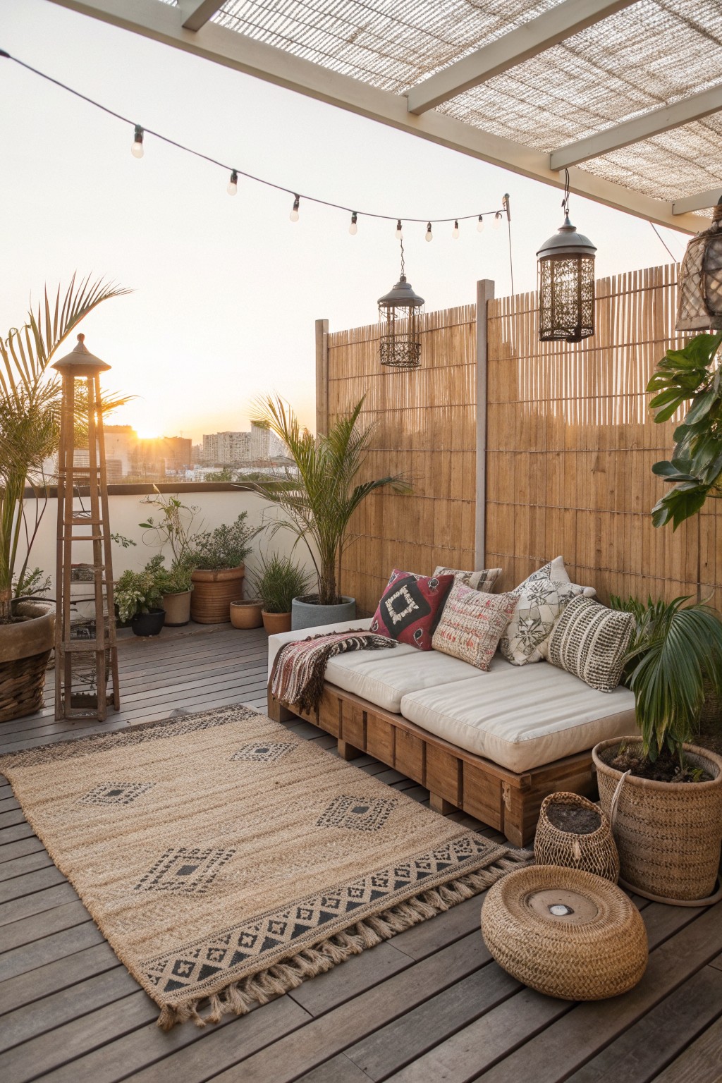 Wooden deck with built-in sofa, bamboo privacy screen, potted plants, and string lights at sunset.