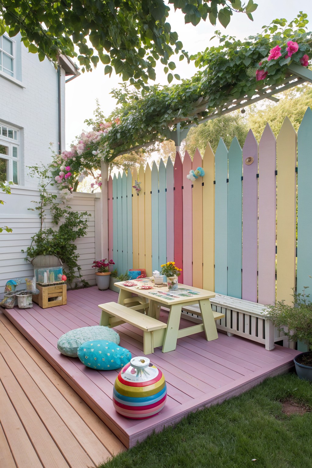 A wooden deck with a multicolored pastel picket fence, a light green picnic table, and a vine-covered pergola.