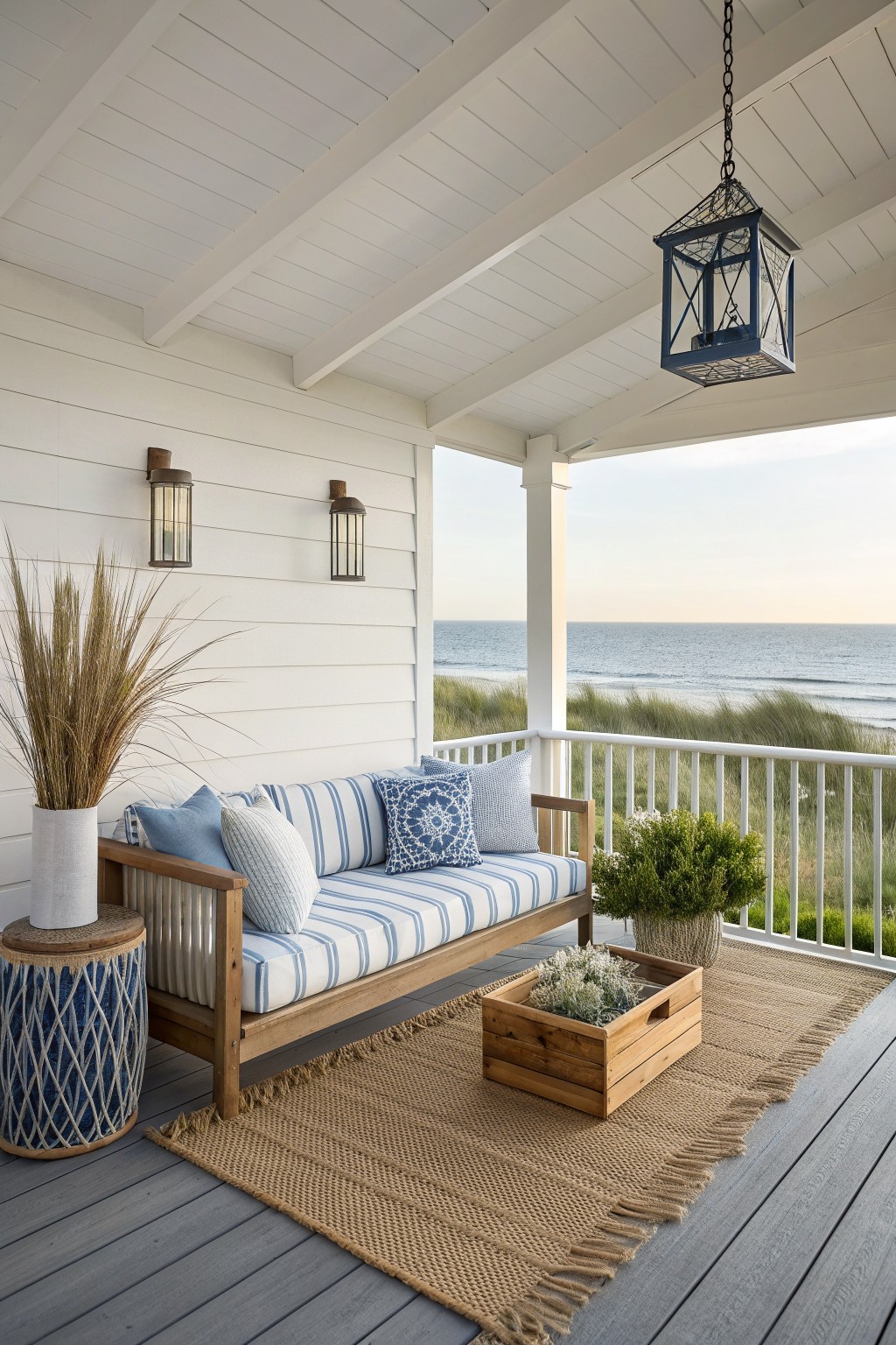 Coastal porch with striped bench, blue lantern, jute rug, and ocean view