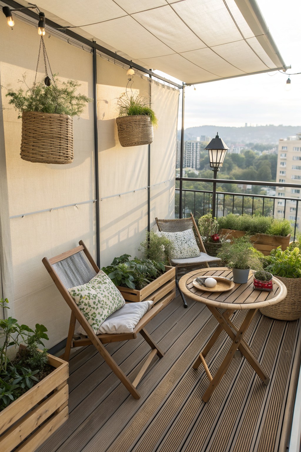 Cozy balcony with wooden chairs, round table, hanging plant baskets, and city view under awning