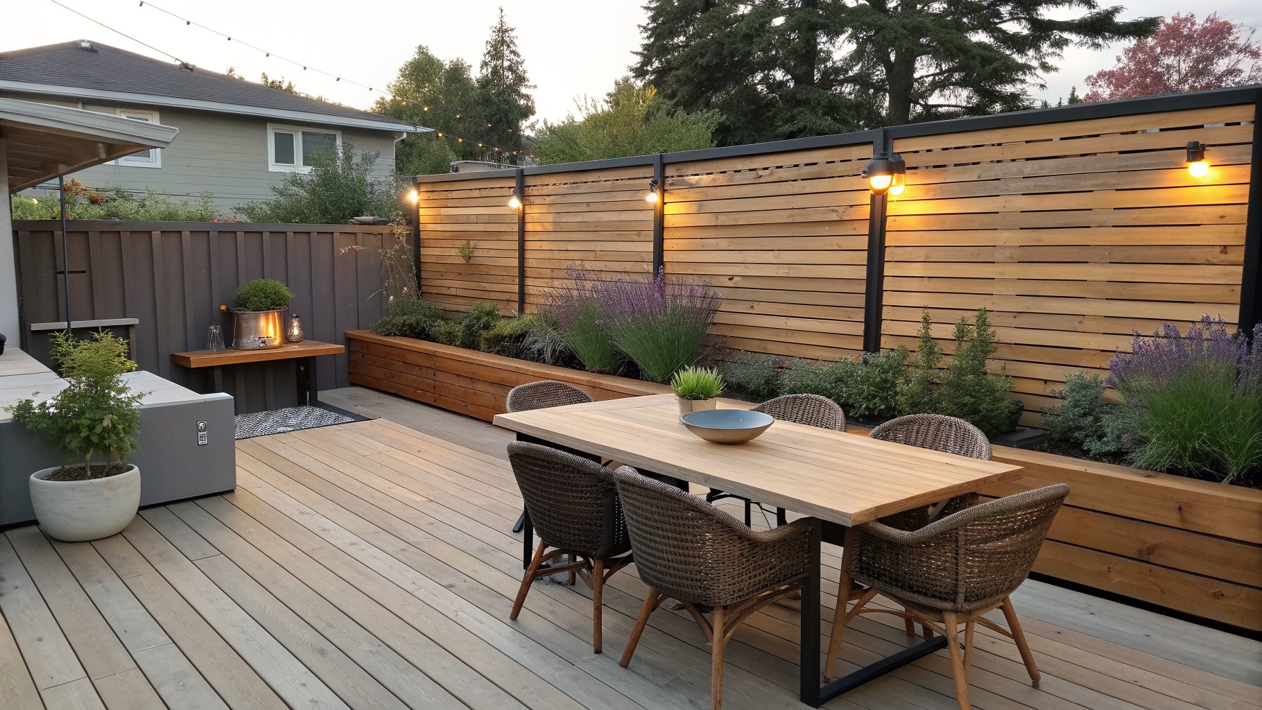 A wooden deck dining area with a long horizontal wood slat privacy fence behind the table and chairs.
