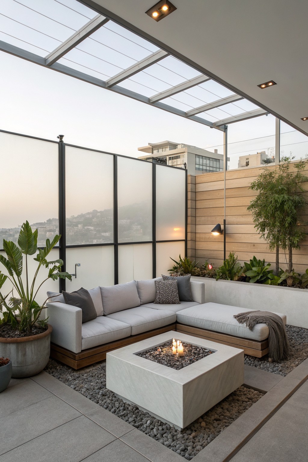 Modern rooftop deck with light gray sectional sofa, square concrete fire pit, frosted glass privacy screens on black frames, and wood wall with plantings.