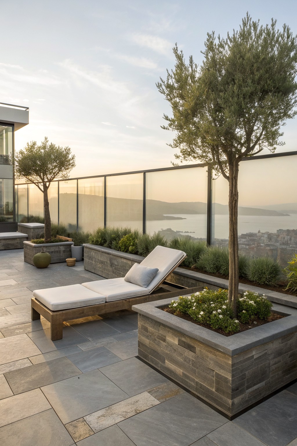 Rooftop terrace with wooden lounge chairs, stone planters holding small trees and flowers, and glass railings overlooking water and hills.