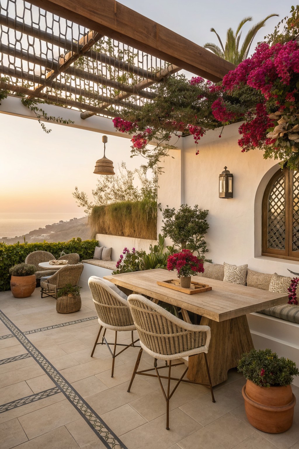 A wooden pergola with hanging magenta flowering vines covers a stone patio that holds a long dining table, woven chairs, and built-in seating along white walls.