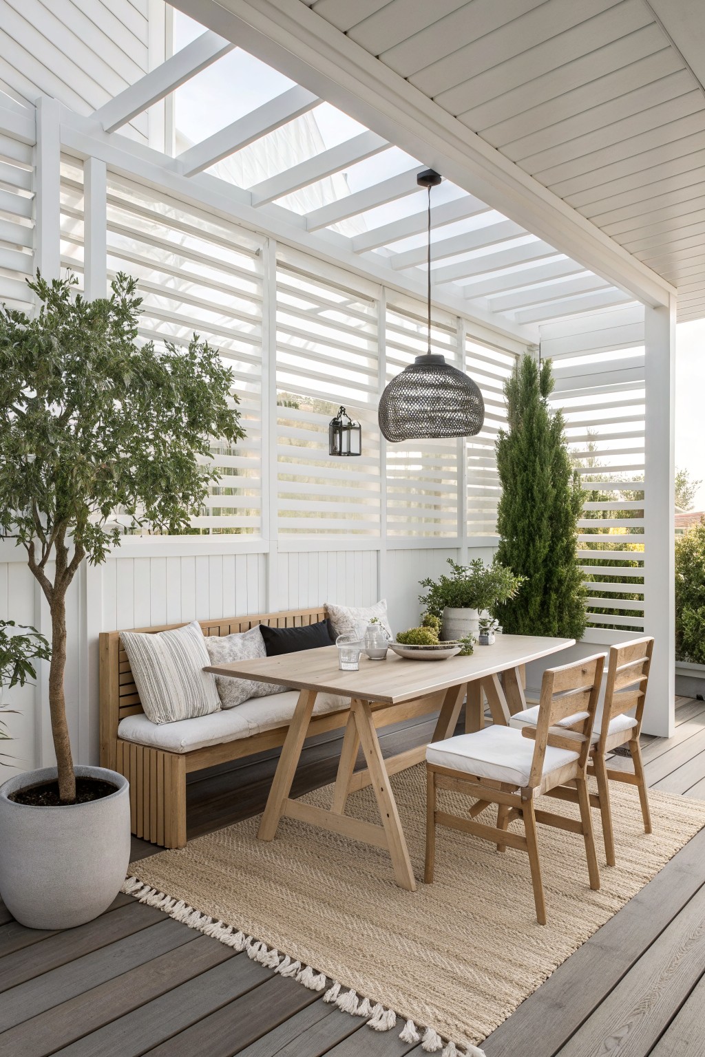 Natural wood dining table with bench and chairs on woven rug in white porch