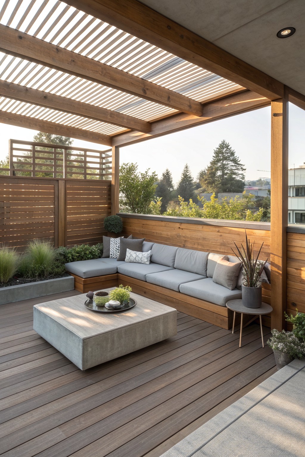A wooden deck with built-in gray seating, a concrete coffee table, potted plants, and horizontal wood slat privacy screens under an overhead slatted pergola.