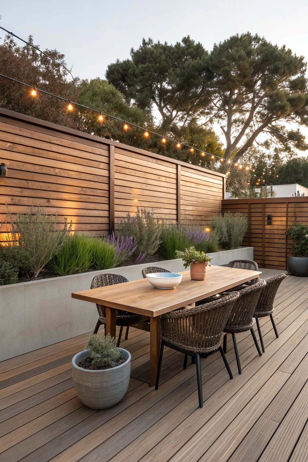 A wooden deck dining area with a long horizontal wood slat privacy fence behind the table and chairs.