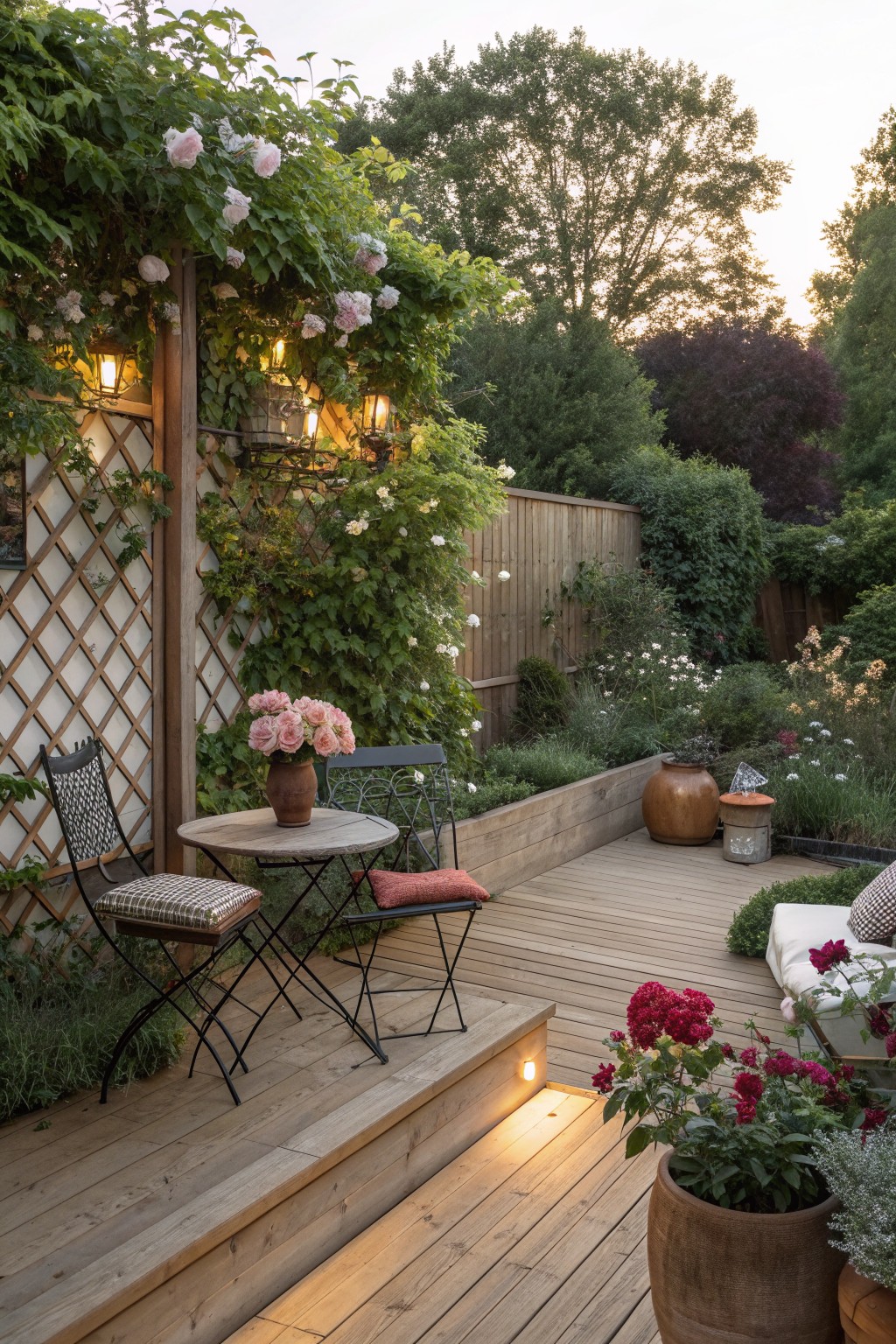 A wooden deck with a lattice fence covered in climbing roses, a round table with chairs, and several potted plants along the edges.