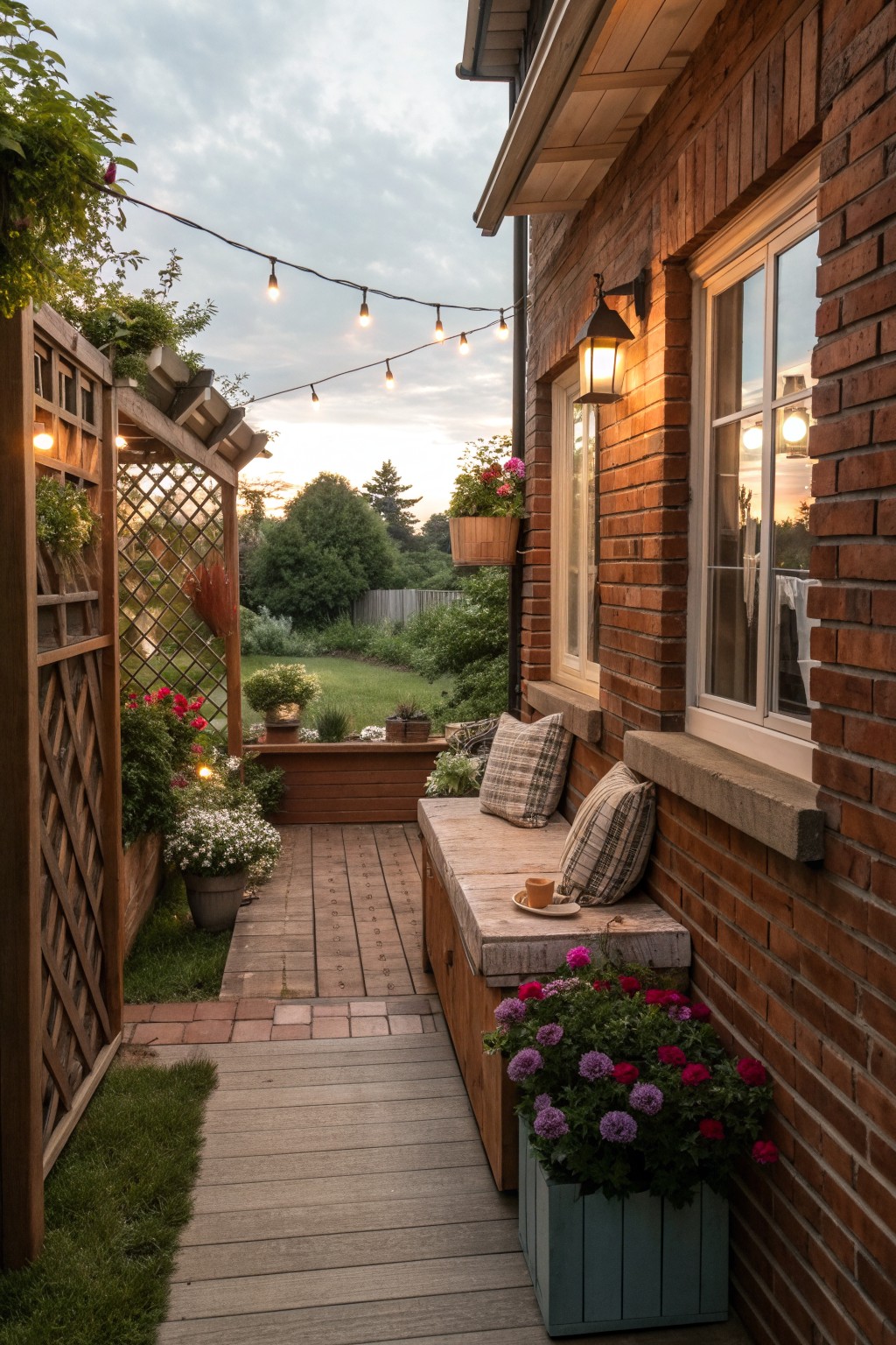 A wooden deck next to a brick house includes a lattice privacy screen, built-in bench with pillows, potted flowers, and string lights at dusk.