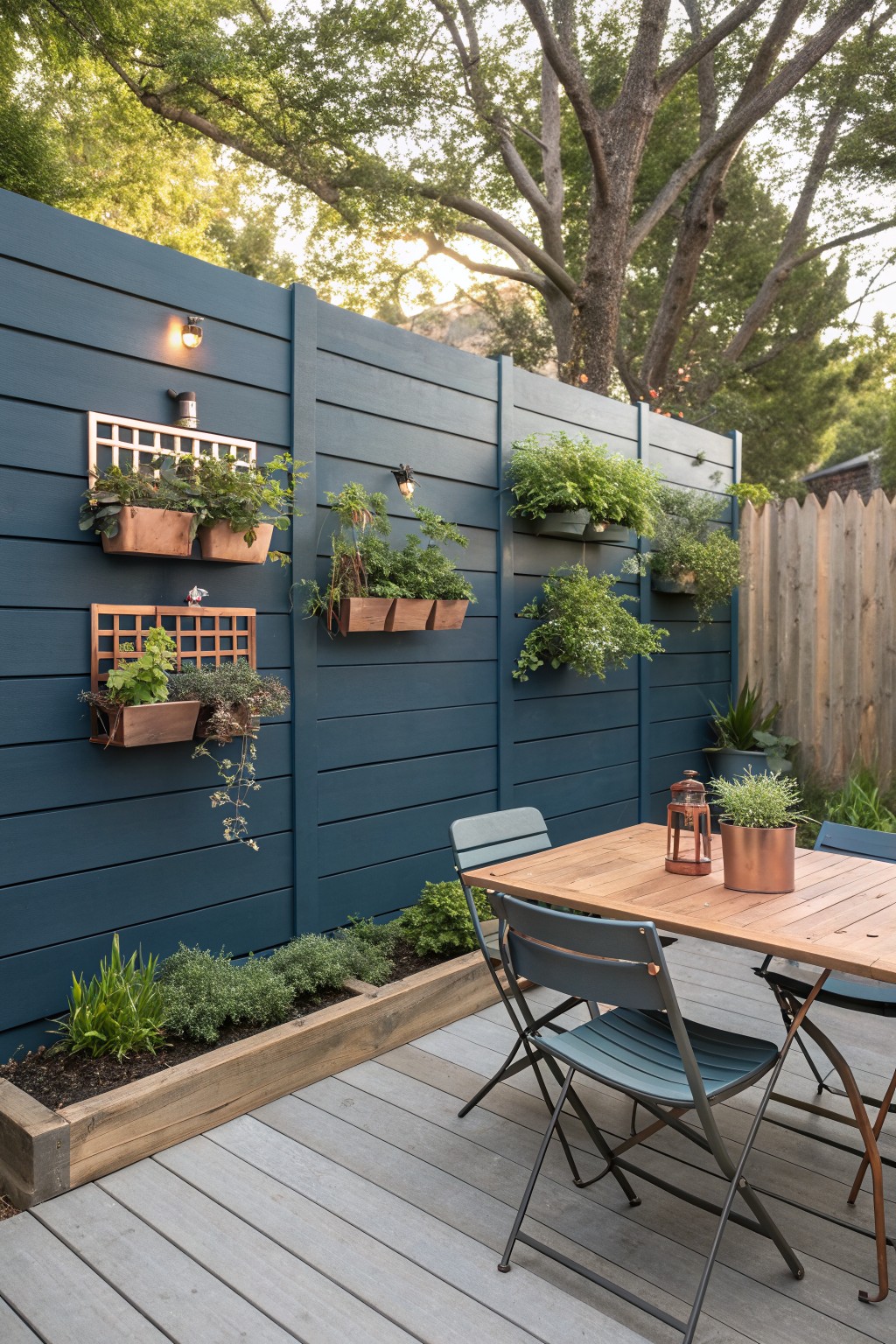 A wooden deck with a dining table and chairs in front of a dark blue fence that has multiple wooden planters mounted at different heights and filled with green plants.