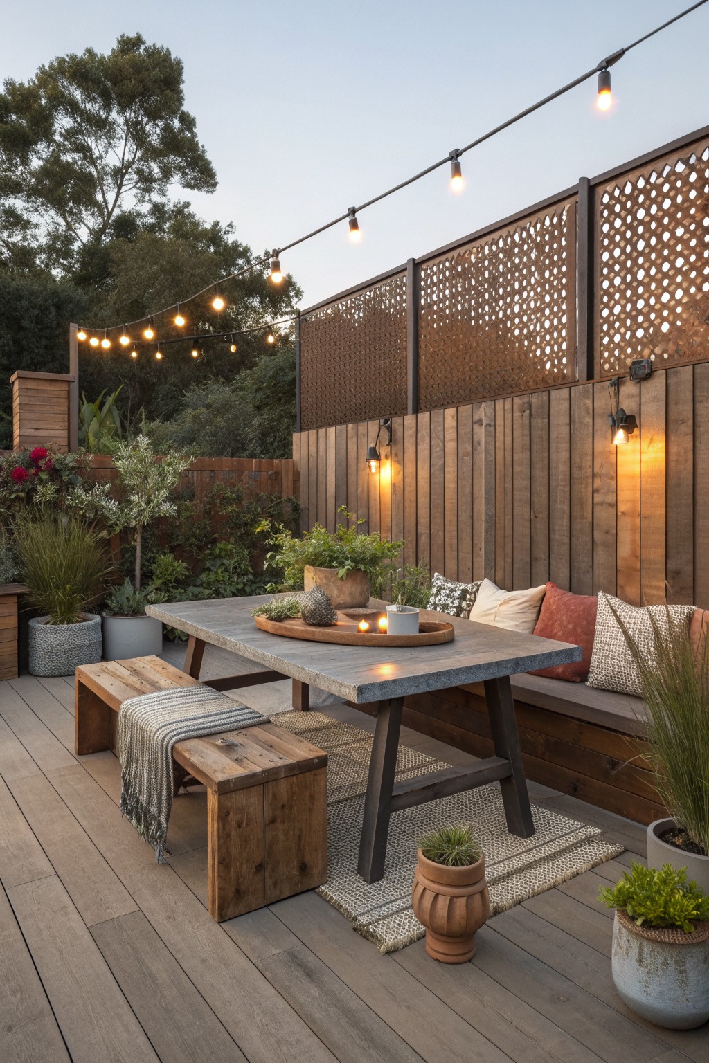 A wooden deck with a privacy fence that has lattice and circular cutout panels, a concrete-top table, wooden bench, built-in seating with pillows, string lights, and potted plants.
