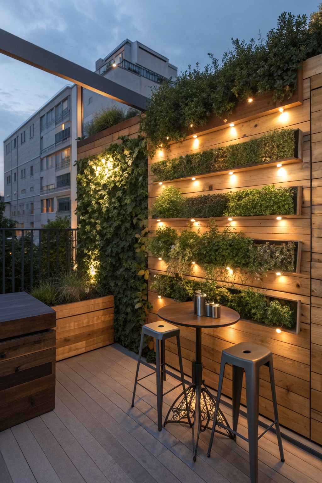 A wooden deck privacy wall with horizontal planter boxes filled with green plants and string lights, next to a round table and two metal stools.