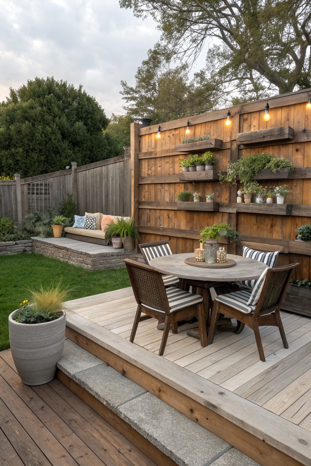 A wooden deck with a round table and four chairs sits in front of a tall privacy fence fitted with multiple horizontal shelves holding potted plants.