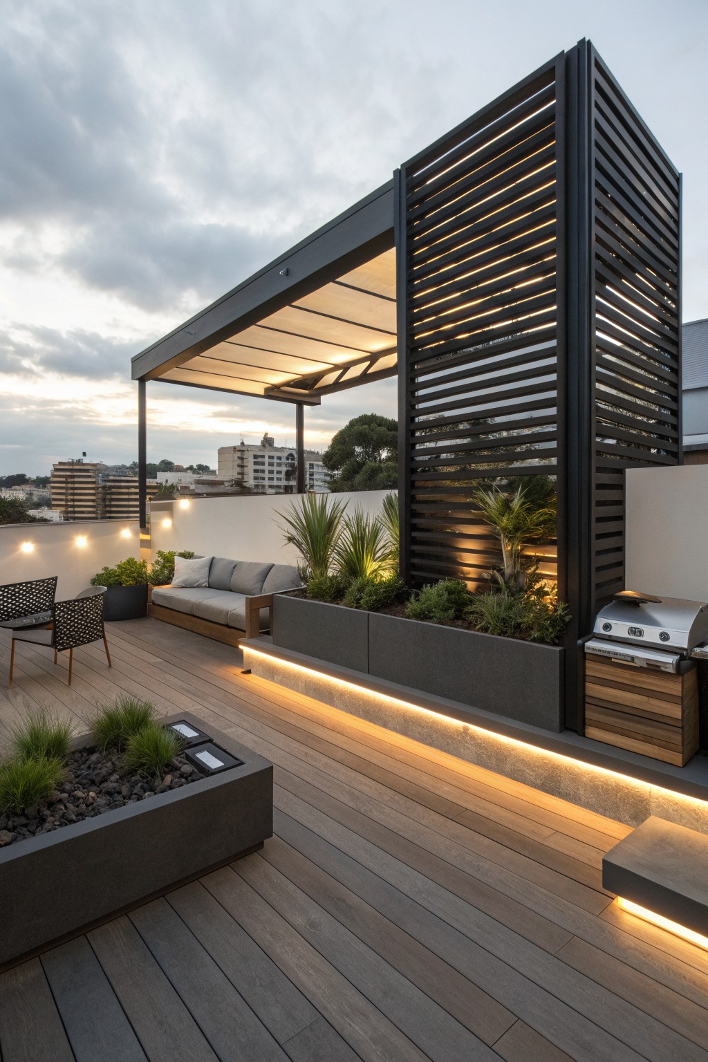 A modern rooftop deck with a tall dark slatted privacy screen, built-in planters, outdoor sofa, grill station, and wood decking at dusk.
