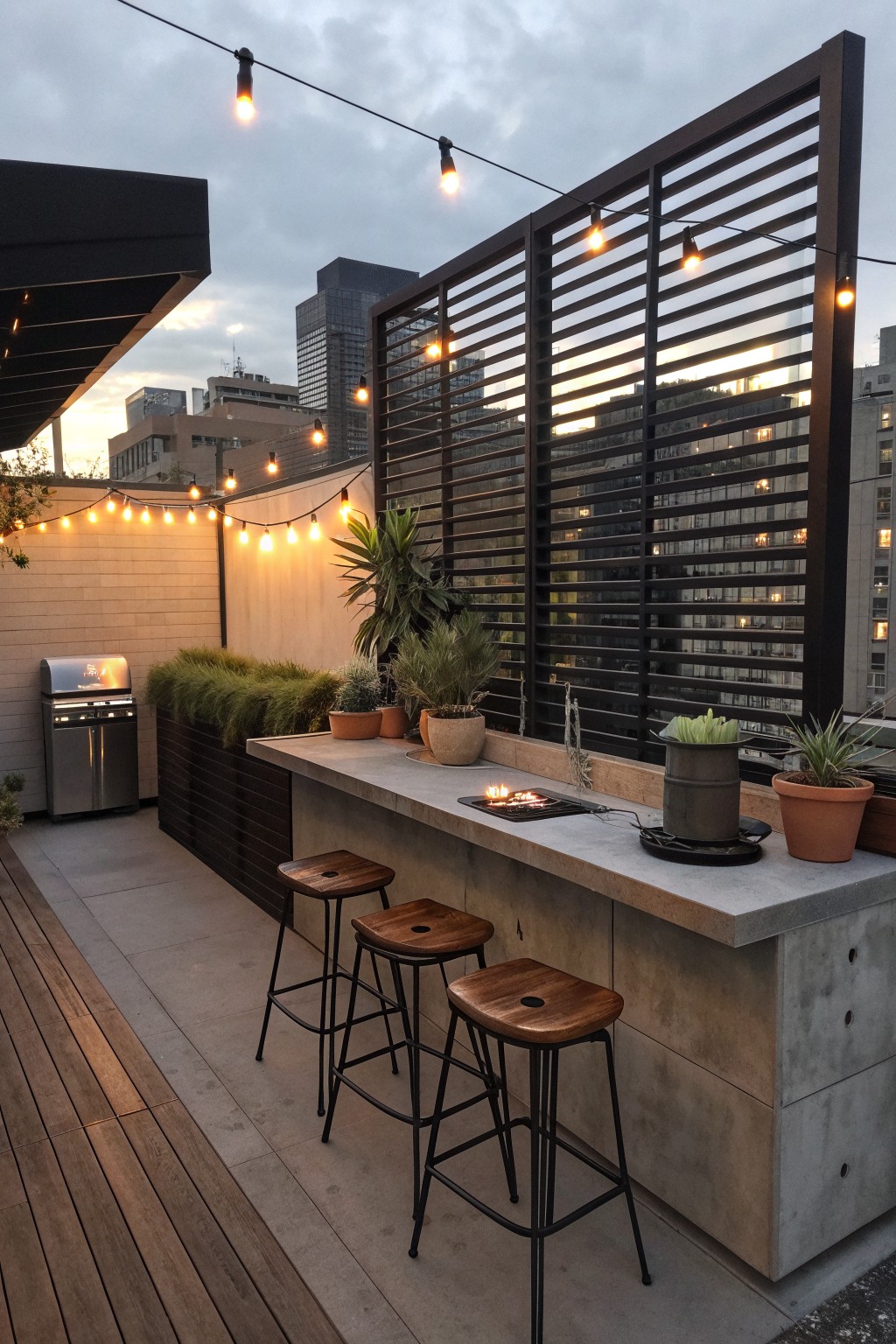 Rooftop deck bar with concrete counter, three wooden stools, potted plants, built-in grill, and a tall dark horizontal slat privacy screen in front of city buildings.