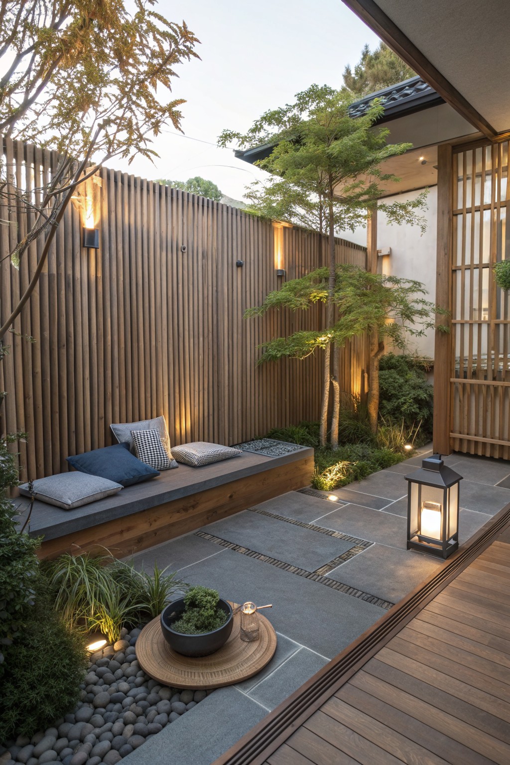 Tranquil patio with wooden bench cushions, stone path, trees, and glowing lanterns.