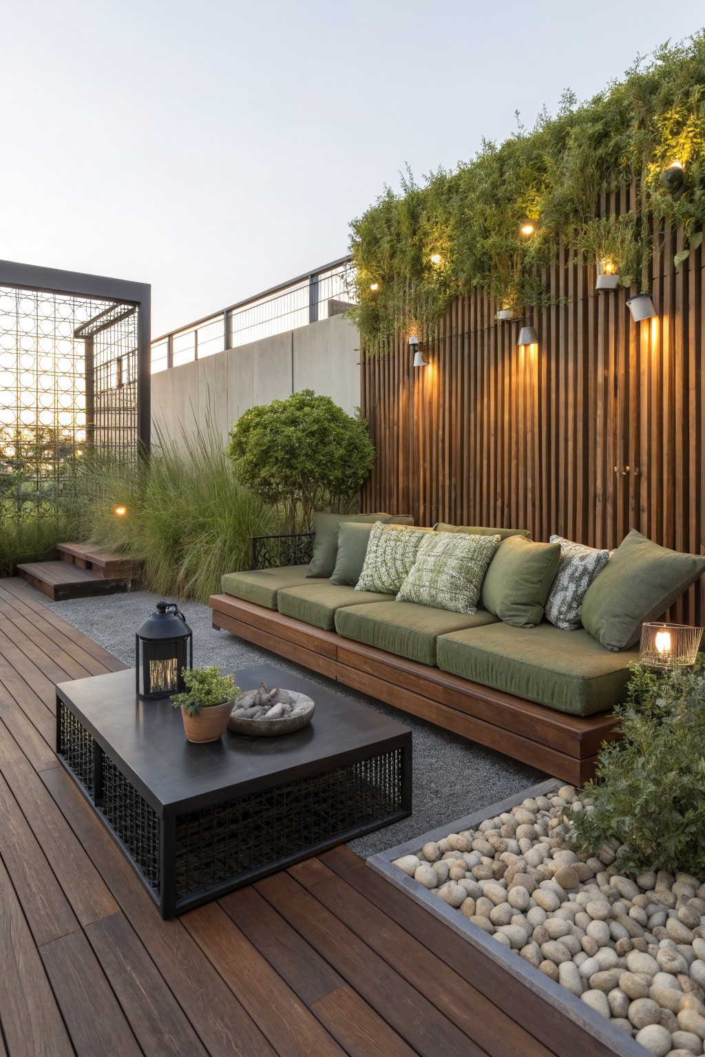 An outdoor deck seating area with a long built-in bench against a tall vertical wood slat wall lined with hanging plants and wall lights, plus a dark coffee table and pebble bed in the foreground.