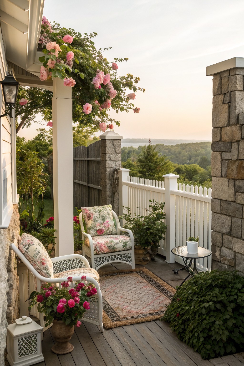 A wooden deck furnished with white wicker chairs and floral cushions, bordered by a white picket railing with climbing pink roses, potted plants, and a distant landscape view.